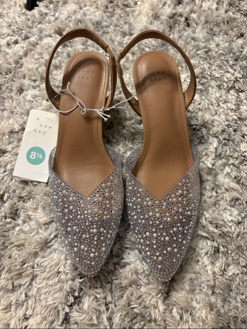 a new day Taupe Pointed Toe Slingback Mules with Rhinestones & Pearls